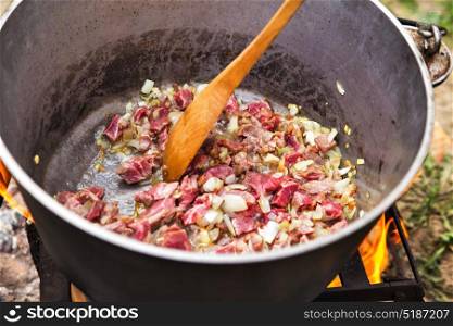 Traditional cooking in the nature. Cauldron on fire. Meat and onion
