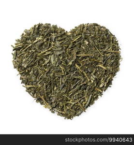 Traditional dried Japanese green tea in heartshape isolated on white background as a symbol 