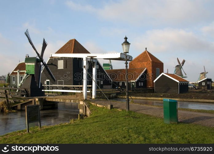 Traditional Dutch buildings in the little village of Zaanse Schans, the Netherlands