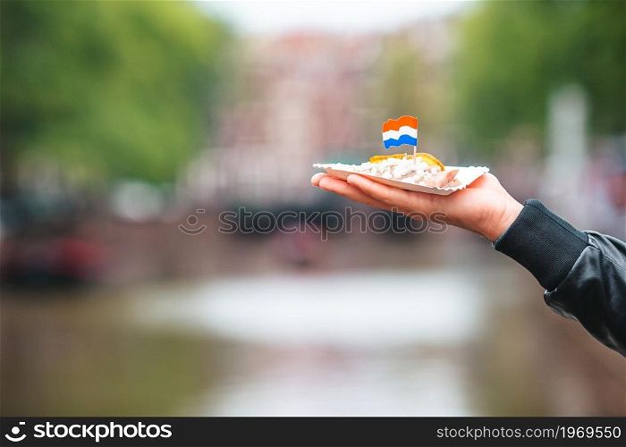 Traditional dutch food: herring fish with onion in fastfood market of Amsterdam, Netherlands. Tasty fresh herring with onion and netherland flag on the water channel background in Amsterdam. Traditional dutch food