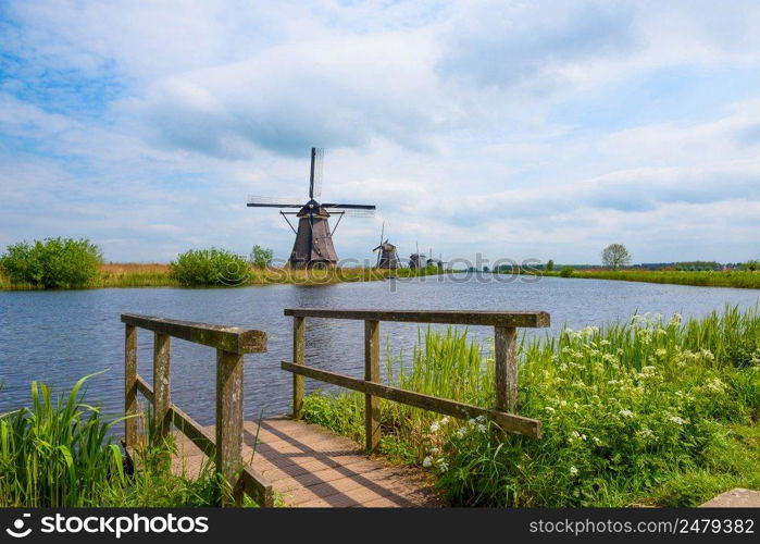 Traditional Dutch windmills in Kinderdijk near Rotterdam in Netherlands