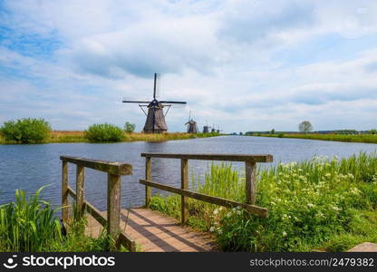 Traditional Dutch windmills in Kinderdijk near Rotterdam in Netherlands