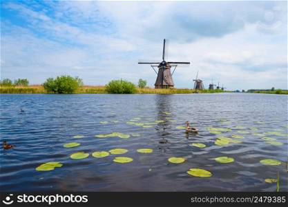Traditional Dutch windmills on the canal bank in Kinderdijk Netherlands