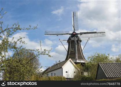 Traditional Dutch wooden windmill in an urban scenery