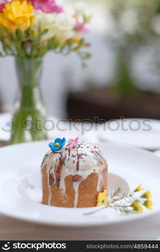 Traditional easter cake at restaurant outdoor table