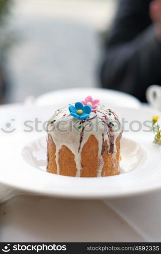 Traditional easter cake at restaurant outdoor table