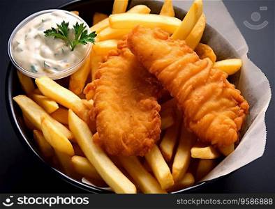 Traditional english fish and chips meal on table with tartar sauce.AI generative.