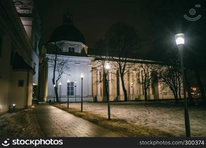 Traditional european architecture with street lanterns in dark time