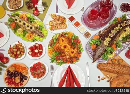 traditional festive food. Lots of traditional festive food on table. Christmas table.