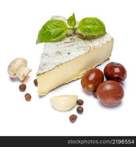 traditional french brie cheese, olives and mushroom isolated on a white background. traditional french brie cheese, olives and mushroom on a white background