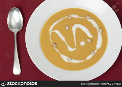 Traditional French butternut squash cream soup with soured cream and toaste squash seed garnish.