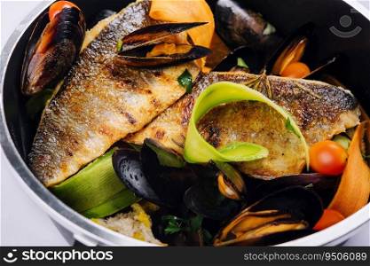 Traditional French Corsican bouillabaisse fish stew with mussels