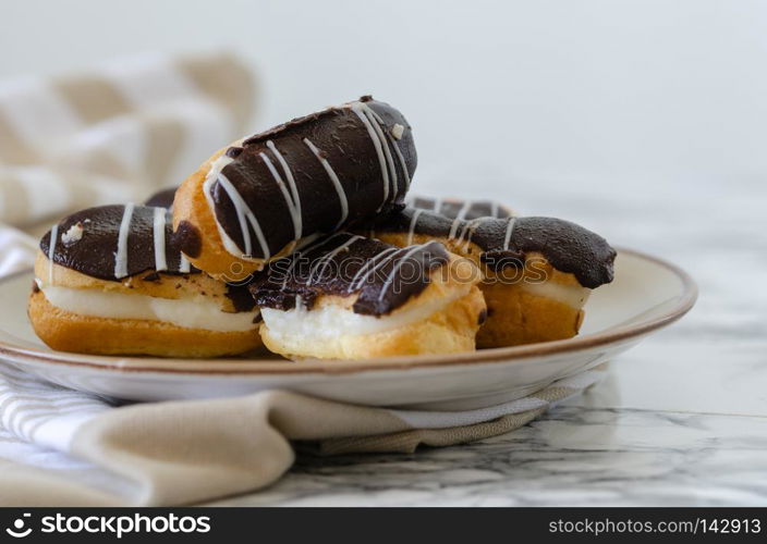 Traditional French dessert on a white plate. Empty space for design text template