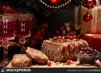 Traditional French terrine covered with bacon and decorated Christmas tree. High quality photo. Traditional French terrine covered with bacon and decorated Christmas tree