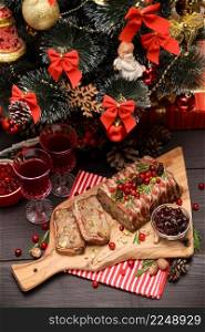 Traditional French terrine covered with bacon and decorated Christmas tree. High quality photo. Traditional French terrine covered with bacon and decorated Christmas tree
