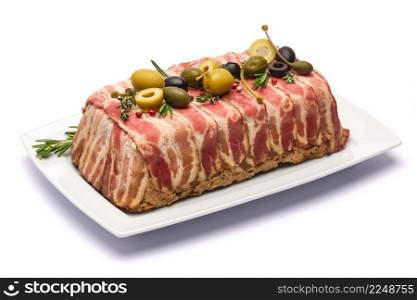 Traditional French terrine covered with bacon isolated on white background. High quality photo. Traditional French terrine covered with bacon isolated on white background
