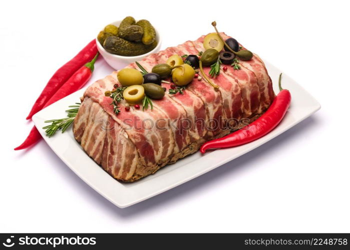 Traditional French terrine covered with bacon isolated on white background. High quality photo. Traditional French terrine covered with bacon isolated on white background