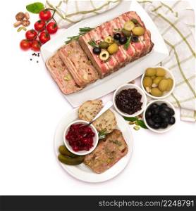 Traditional French terrine covered with bacon isolated on white background. High quality photo. Traditional French terrine covered with bacon isolated on white background