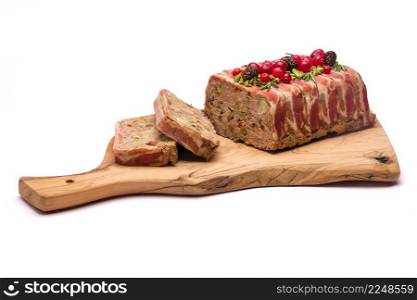 Traditional French terrine covered with bacon isolated on wooden cutting or serving board. High quality photo. Traditional French terrine covered with bacon isolated on wooden cutting or serving board