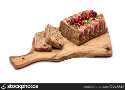 Traditional French terrine covered with bacon isolated on wooden cutting or serving board. High quality photo. Traditional French terrine covered with bacon isolated on wooden cutting or serving board