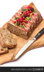 Traditional French terrine covered with bacon isolated on wooden cutting or serving board. High quality photo. Traditional French terrine covered with bacon isolated on wooden cutting or serving board