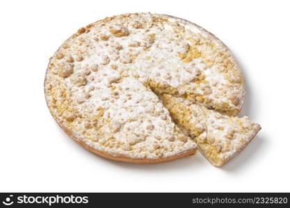 Traditional fresh baked Dutch Apple crumble cake and a piece close up isolated on white background