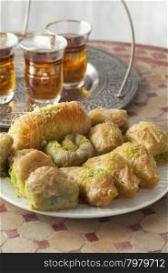 Traditional fresh baked Turkish kadayif and tea