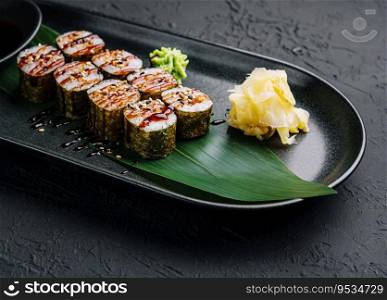 Traditional fresh japanese sushi futomaki on black plate
