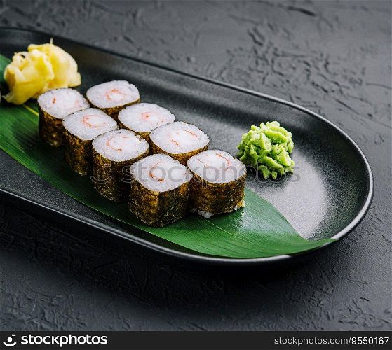 Traditional fresh japanese sushi maki on black stone plate