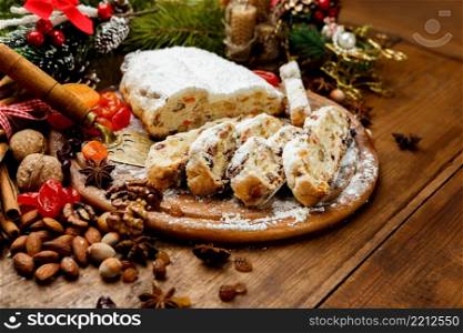 traditional German cake with raisins Dresdner stollen. Christmas treat. traditional German cake Dresdner stollen