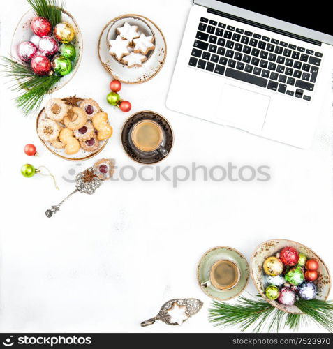 Traditional german cookies and coffee. Christmas food and decoration. Home office. Social media