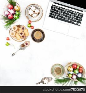 Traditional german cookies and coffee. Christmas food and decoration. Home office. Social media