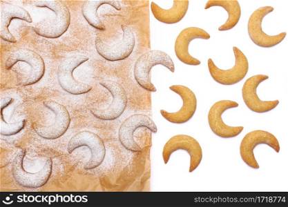 Traditional German or Austrian Vanillekipferl vanilla kipferl cookies isolated on white background. High quality photo. Traditional German or Austrian Vanillekipferl vanilla kipferl cookies isolated on white background