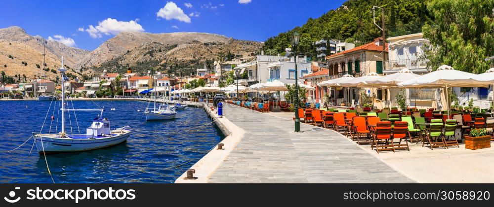 Traditional Greece. Chios island. Lagada fishing village with street taverns near the sea