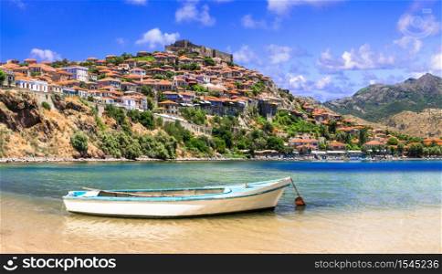 Traditional Greece. Lesvos island, view of town Molyvos (Mithymna) with old castle above. Picturesque Lesvos island. view of old town Molyvos