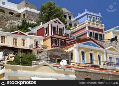 Traditional greek colorful houses in symi island