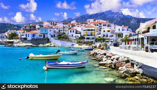 Traditional greek fishing villages. Beautiful Kokkari in Samos island. Popular tourist destination. Scenic Samos island. Kokkari village. Greece