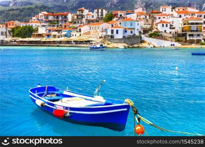 Traditional greek fishing villages. Beautiful Kokkari in Samos island. Popular tourist destination . Scenic Samos island. Kokkari village
