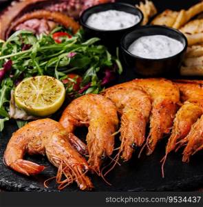Traditional greek grilled seafood on restaurant wooden plate