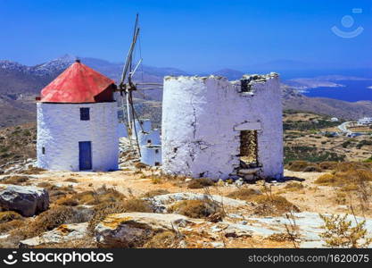 traditional greek windmills. Cyclades, beautiful Amorgos island Chora village