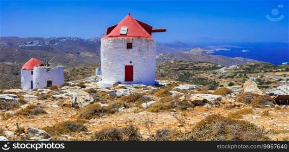 traditional greek windmills. Cyclades, beautiful Amorgos island Chora village