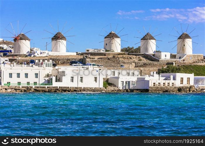 Traditional Greek windmills. Mykonos island, Cyclades. Greece travel and landmarks