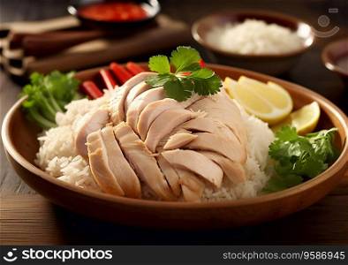 Traditional hainanese meal with chicken and rice and vegetables on table with various spices.AI Generative