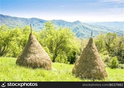 Traditional haystack of mountain villages in Italian Alps.