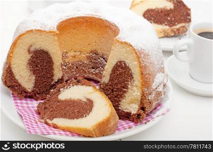 Traditional Homemade Marble Cake - Gugelhupf and Cup of Espresso Coffee