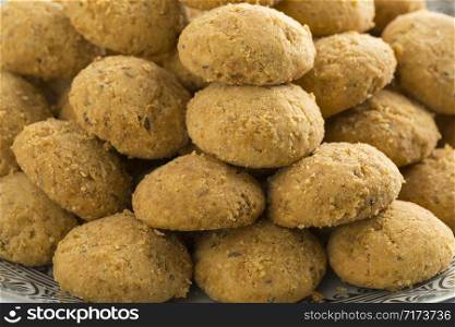 Traditional homemade Moroccan festive ghoriba cookies close up