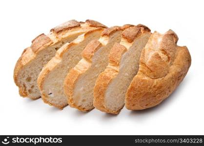 Traditional homemade round bread, sliced, isolated on a white background