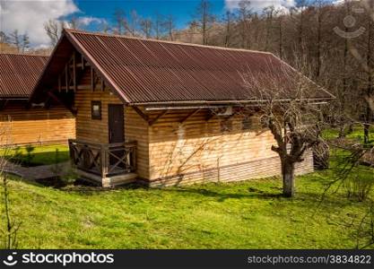 Traditional house made of wooden logs in forest at sunny day