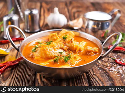 Traditional Indian dish chicken. Spicy chicken curry in bowl