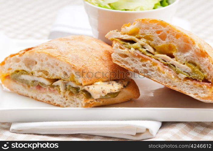 traditional Italian ciabatta panini sandwich chicken vegetables and aioli